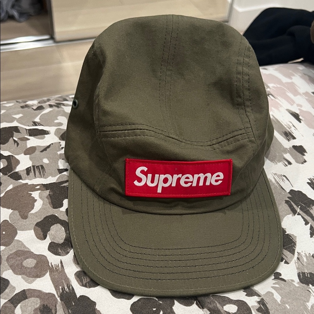 Supreme Khaki Green Hat with Red Logo